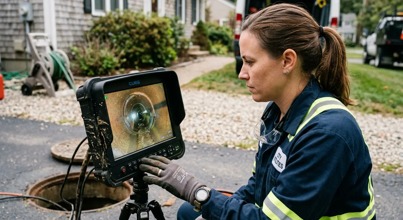 Technician reviewing sewer camera inspection footage in Stewartville