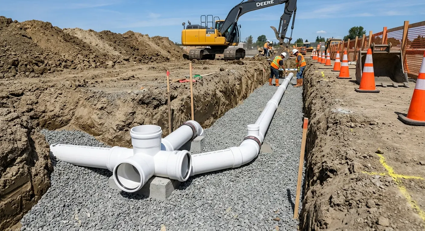 New PVC sewer pipe installation in open trench for Grease Trap Cleaning in Stewartville