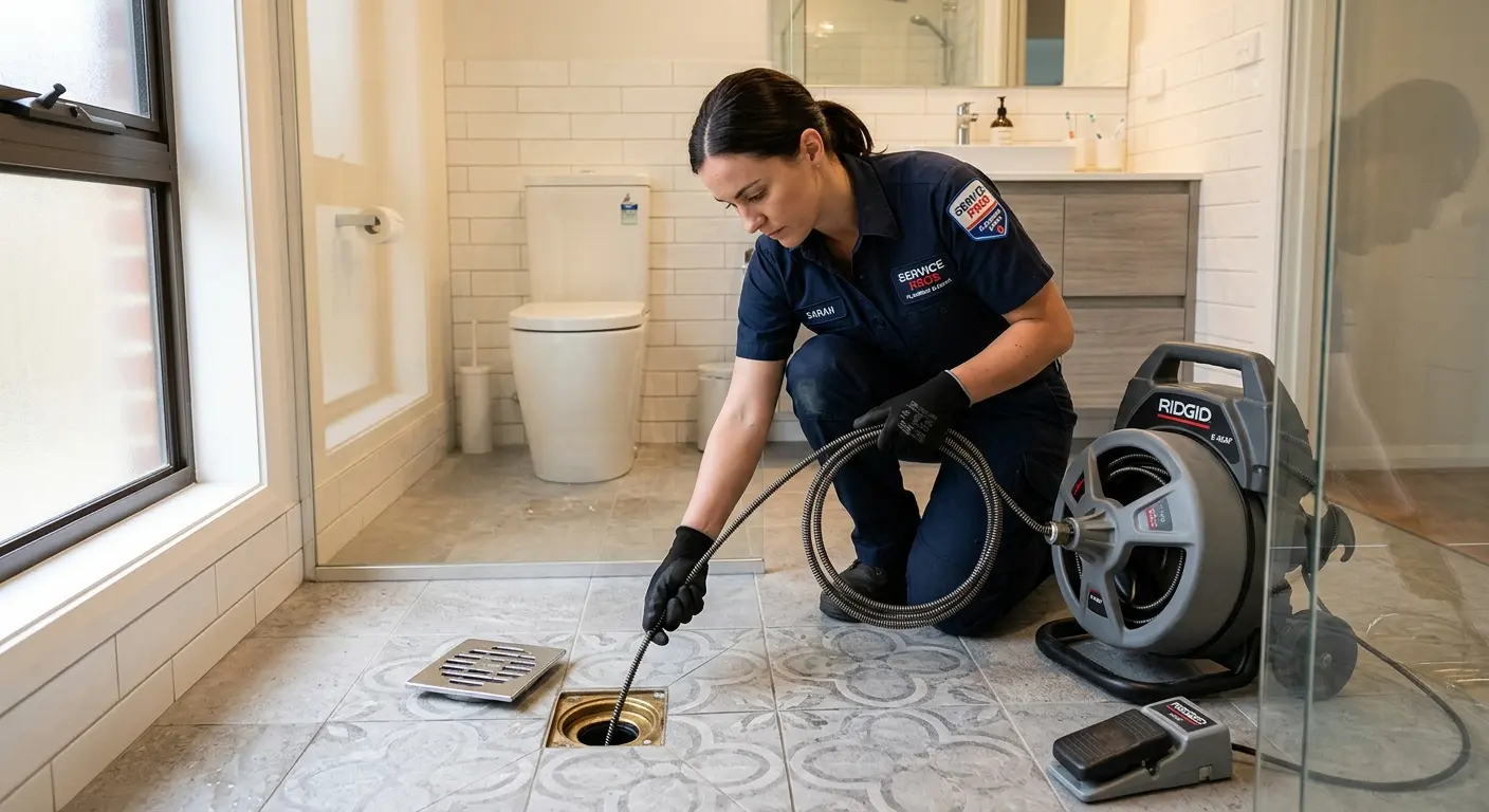 Technician clearing a bathroom floor drain for Sewer Line Replacement in Stewartville